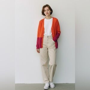 Anthropologie Moth orange and pink colorblock Pointelle Knit cardigan sweater XS